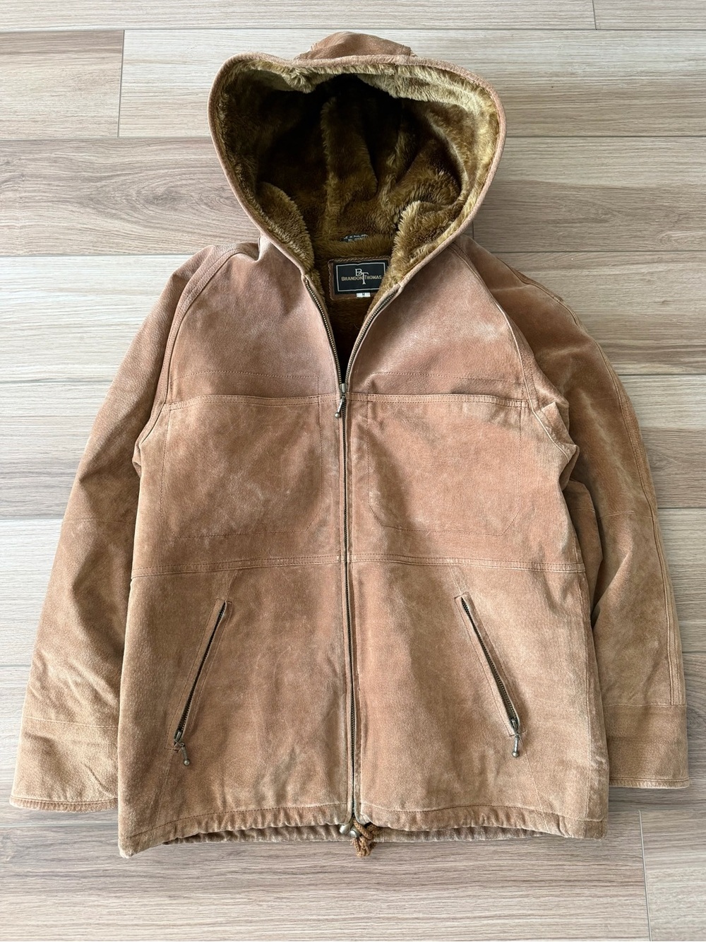 Vintage Brandon Thomas 1980’s Brown Leather Suede Hooded Jacket